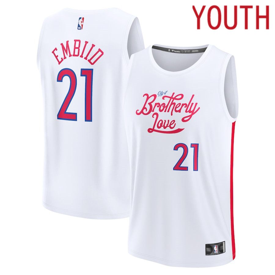 Youth Philadelphia 76ers #21 Joel Embiid Fanatics Branded White City Edition 2022-23 Fastbreak NBA Jersey->youth nba jersey->Youth Jersey